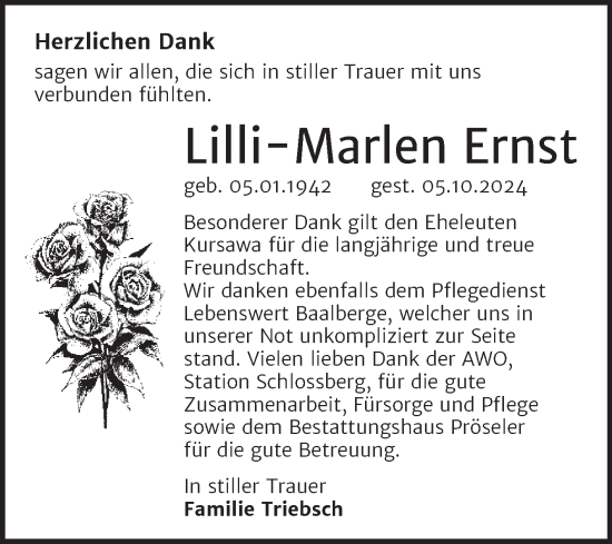 Traueranzeige von Lilli-Marlen Ernst von Trauerkombi Bernburg