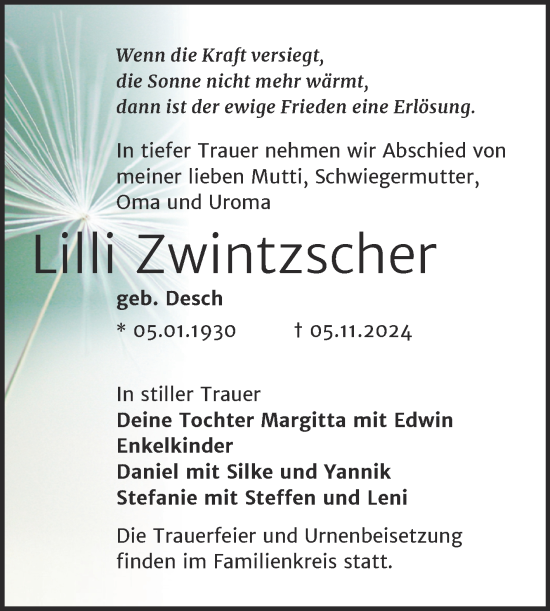 Traueranzeige von Lilli Zwintzscher von Trauerkombi Köthen
