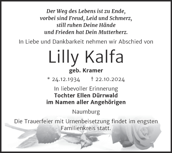 Traueranzeige von Lilly Kalfa von Super Sonntag Naumburg/Nebra
