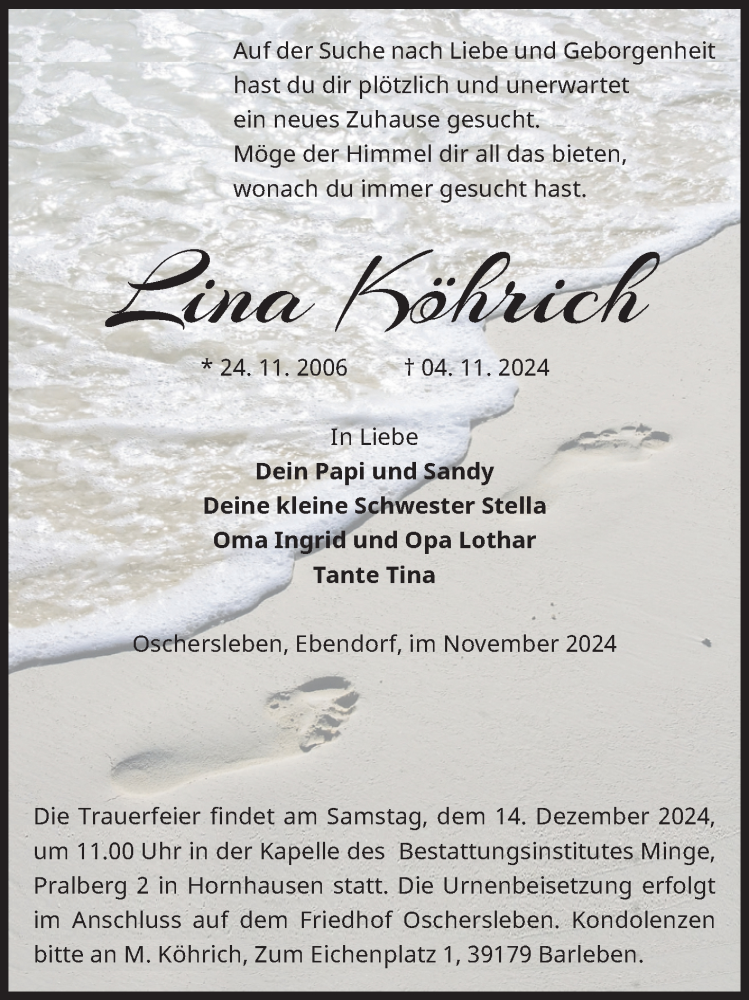  Traueranzeige für Lina Köhrich vom 30.11.2024 aus Volksstimme Oschersleben/Wanzleben