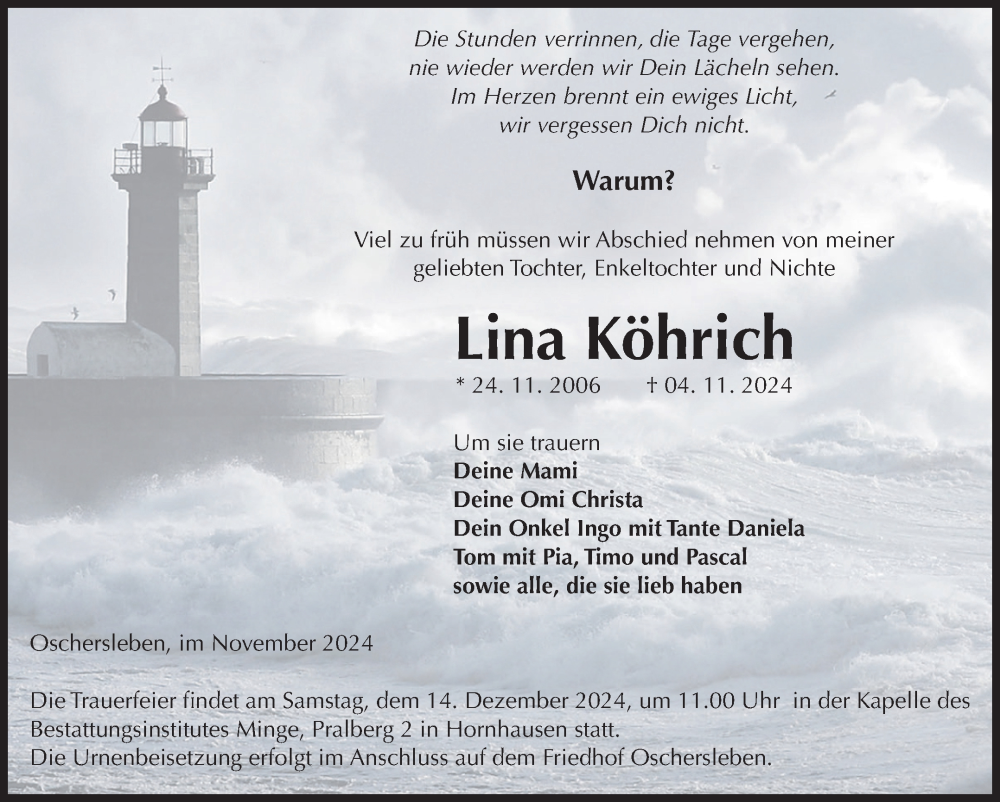  Traueranzeige für Lina Köhrich vom 16.11.2024 aus Volksstimme Oschersleben/Wanzleben