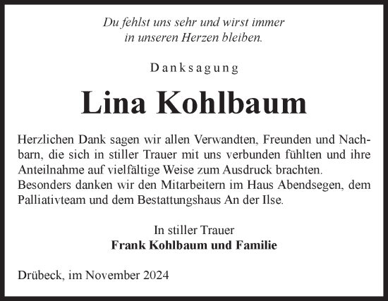 Traueranzeige von Lina Kohlbaum von Volksstimme Wernigerode