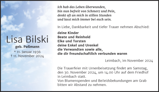 Traueranzeige von Lisa Bilski von Trauerkombi Mansfelder Land