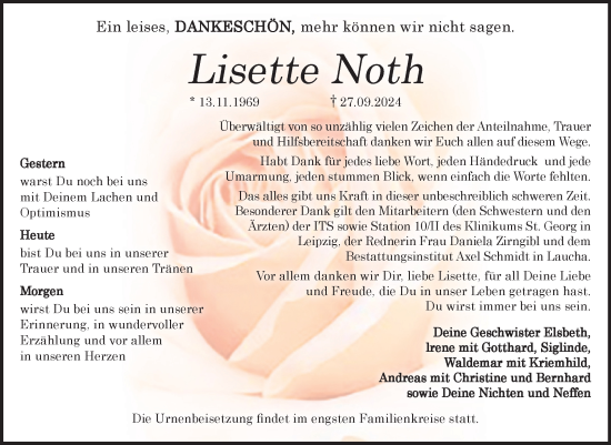 Traueranzeige von Lisette Noth von Super Sonntag Naumburg/Nebra