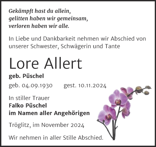 Traueranzeige von Lore Allert von Trauerkombi Zeitz