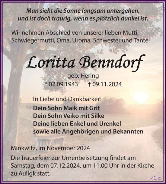 Traueranzeige von Loritta Benndorf von Trauerkombi Zeitz