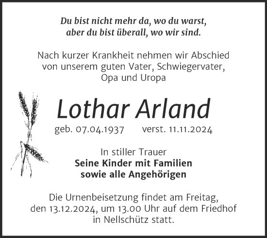 Traueranzeige von Lothar Arland von Trauerkombi Weißenfels