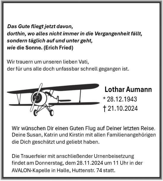 Traueranzeige von Lothar Aumann von Mitteldeutsche Zeitung Halle/Saalkreis
