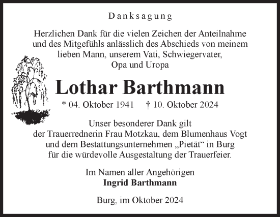 Traueranzeige von Lothar Barthmann von Volksstimme Burg/Genthin