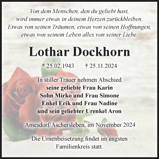 Traueranzeige von Lothar Dockhorn von Volksstimme Staßfurt