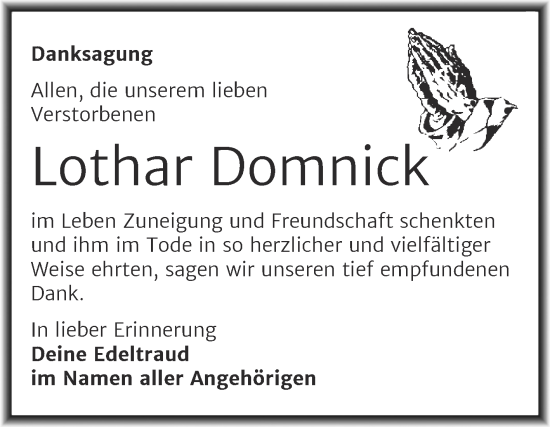 Traueranzeige von Lothar Domnick von Trauerkombi Mansfelder Land