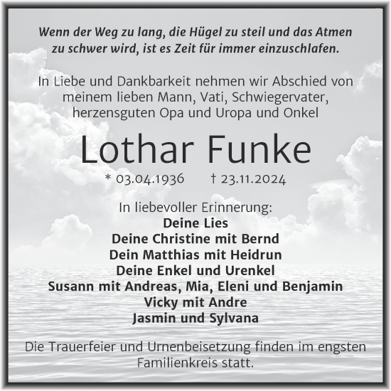 Traueranzeige von Lothar Funke von Trauerkombi Mansfelder Land