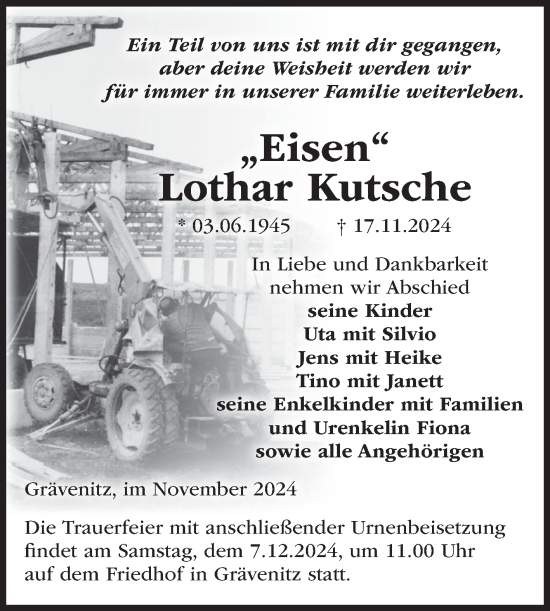 Traueranzeige von Lothar Kutsche von Volksstimme Altmark Ost