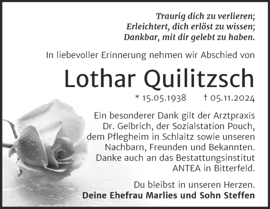 Traueranzeige von Lothar Quilitzsch von Trauerkombi Bitterfeld