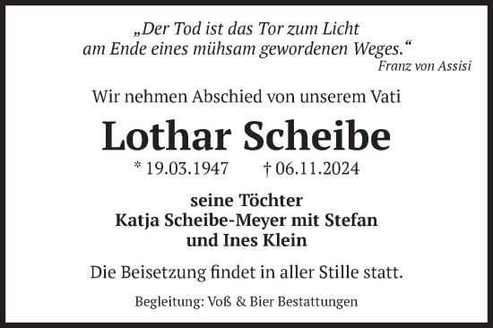 Traueranzeige von Lothar Scheibe von Volksstimme Wernigerode