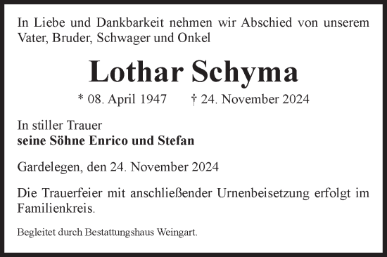 Traueranzeige von Lothar Schyma von Volksstimme Altmark West