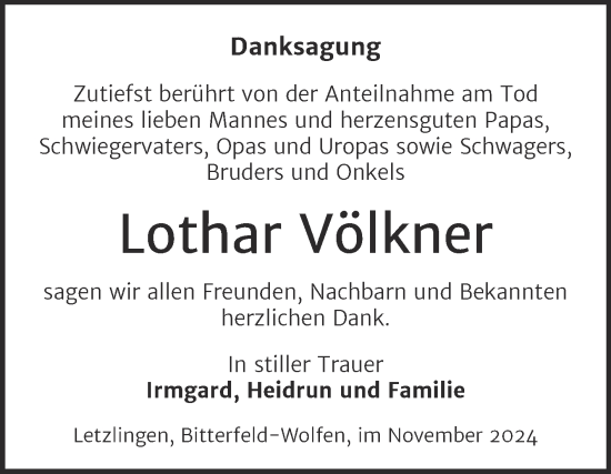 Traueranzeige von Lothar Völkner von Trauerkombi Bitterfeld