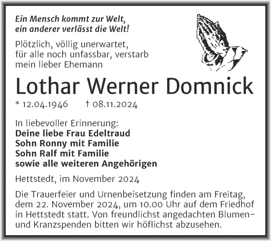 Traueranzeige von Lothar Werner Domnick von Trauerkombi Mansfelder Land