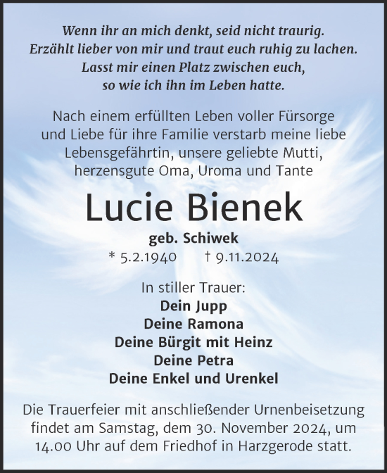 Traueranzeige von Lucie Bienek von Trauerkombi Quedlinburg