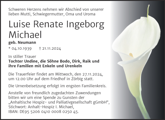 Traueranzeige von Luise Renate Ingeborg Michael von Mitteldeutsche Zeitung Bitterfeld