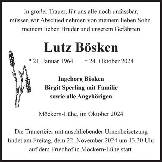 Traueranzeige von Lutz Bösken von Volksstimme Burg/Genthin
