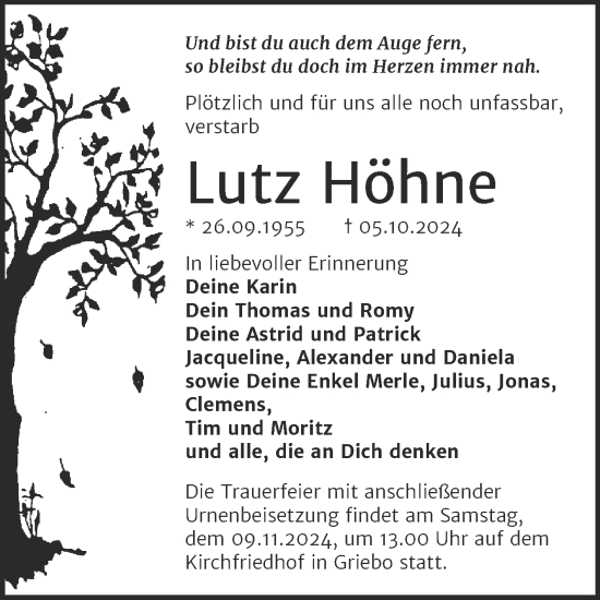Traueranzeige von Lutz Höhne von Trauerkombi Wittenberg