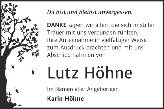 Traueranzeige von Lutz Höhne von Trauerkombi Wittenberg