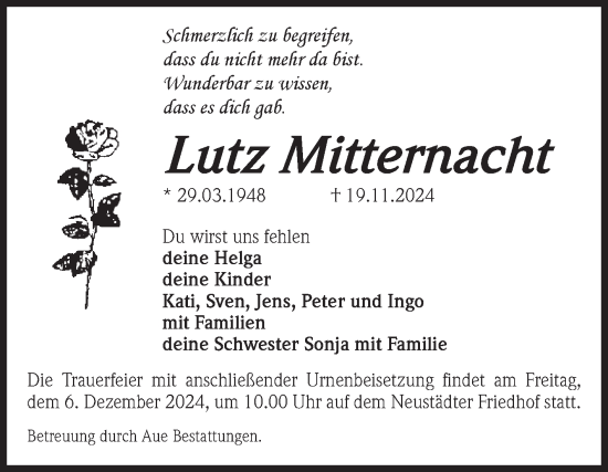 Traueranzeige von Lutz Mitternacht von Volksstimme Magdeburg