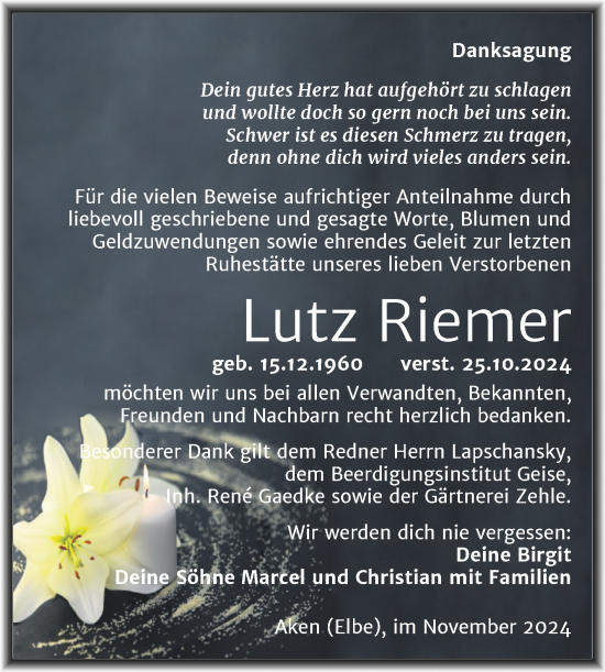 Traueranzeige von Lutz Riemer von Trauerkombi Köthen