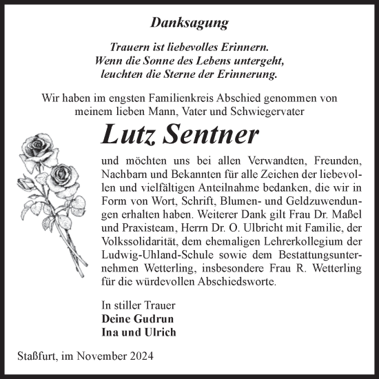 Traueranzeige von Lutz Sentner von Volksstimme Staßfurt