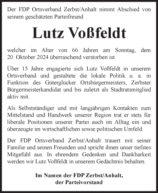 Traueranzeige von Lutz Voßfeldt von Volksstimme Zerbst