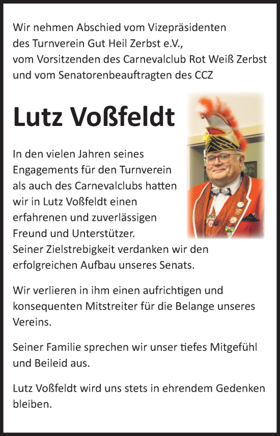 Traueranzeige von Lutz Voßfeldt von Volksstimme Zerbst
