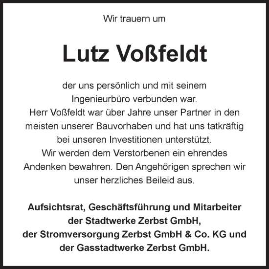 Traueranzeige von Lutz Voßfeldt von Volksstimme Zerbst