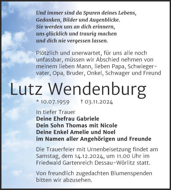 Traueranzeige von Lutz Wendenburg von Trauerkombi Bitterfeld