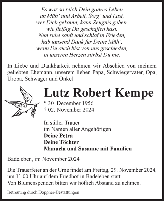 Traueranzeige von Lutz Robert Kempe von Volksstimme Oschersleben/Wanzleben