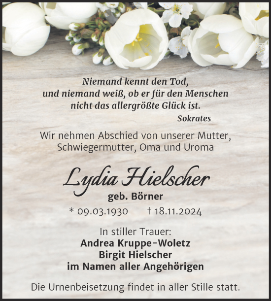 Traueranzeige von Lydia Hielscher von Super Sonntag Naumburg/Nebra