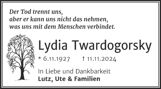 Traueranzeige von Lydia Twardogorsky von Mitteldeutsche Zeitung Halle/Saalkreis