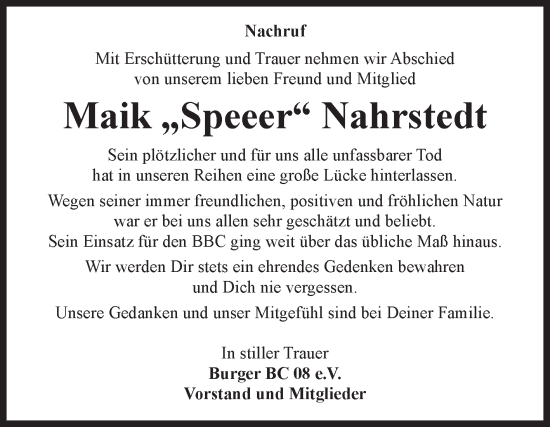Traueranzeige von Maik Nahrstedt von Volksstimme Burg/Genthin