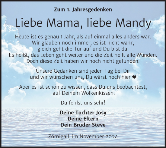 Traueranzeige von Mandy  von Trauerkombi Wittenberg