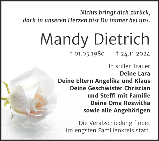 Traueranzeige von Mandy Dietrich von Trauerkombi Sangerhausen