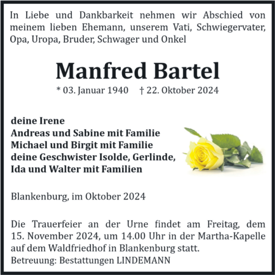 Traueranzeige von Manfred Bartel von Volksstimme Wernigerode