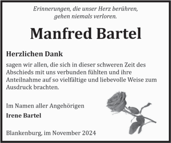 Traueranzeige von Manfred Bartel von Volksstimme Wernigerode