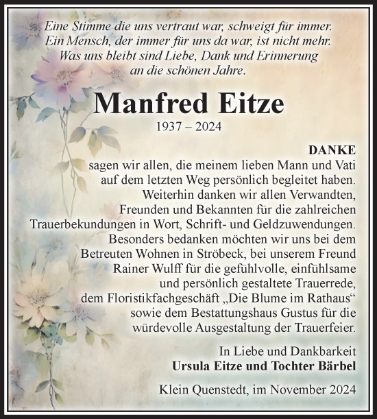 Traueranzeige von Manfred Eitze von Volksstimme Halberstadt