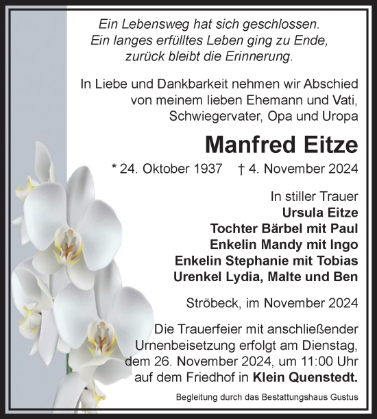 Traueranzeige von Manfred Eitze von Volksstimme Halberstadt