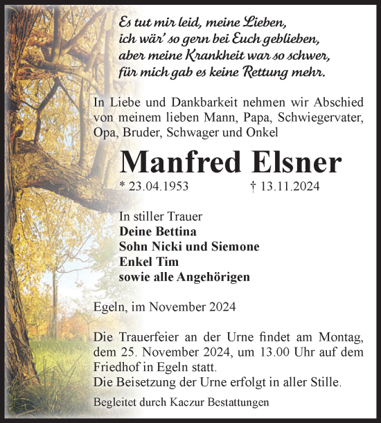 Traueranzeige von Manfred Elsner von Volksstimme Staßfurt