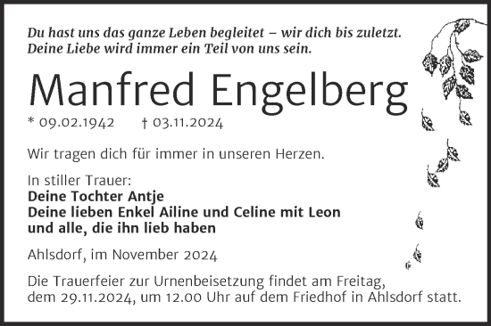 Traueranzeige von Manfred Engelberg von Trauerkombi Mansfelder Land