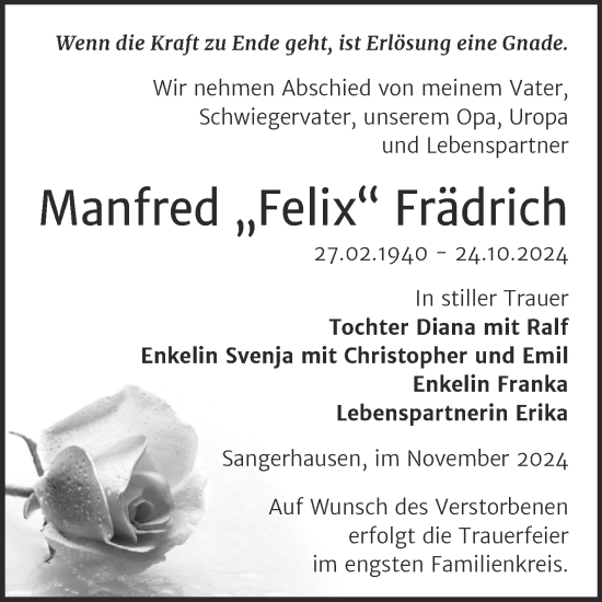 Traueranzeige von Manfred Frädrich von Trauerkombi Sangerhausen