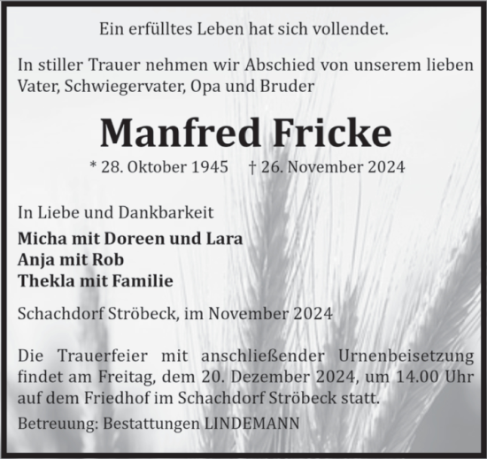 Traueranzeige von Manfred Fricke von Volksstimme Halberstadt