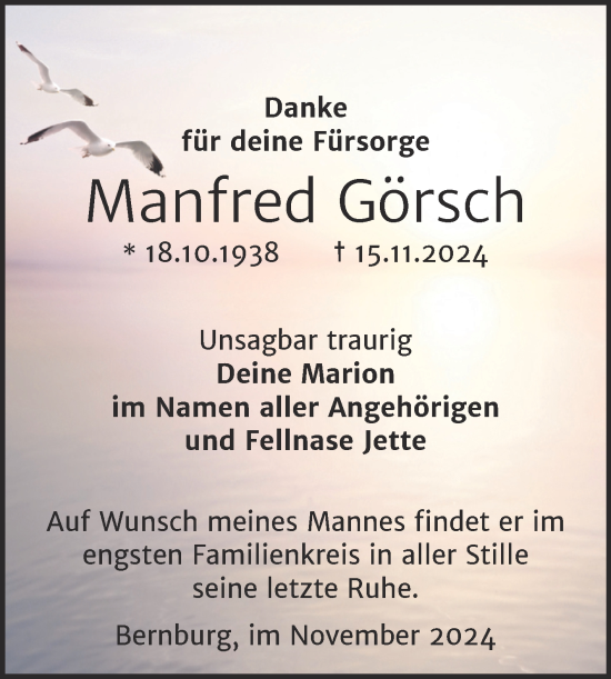 Traueranzeige von Manfred Görsch von Trauerkombi Bernburg