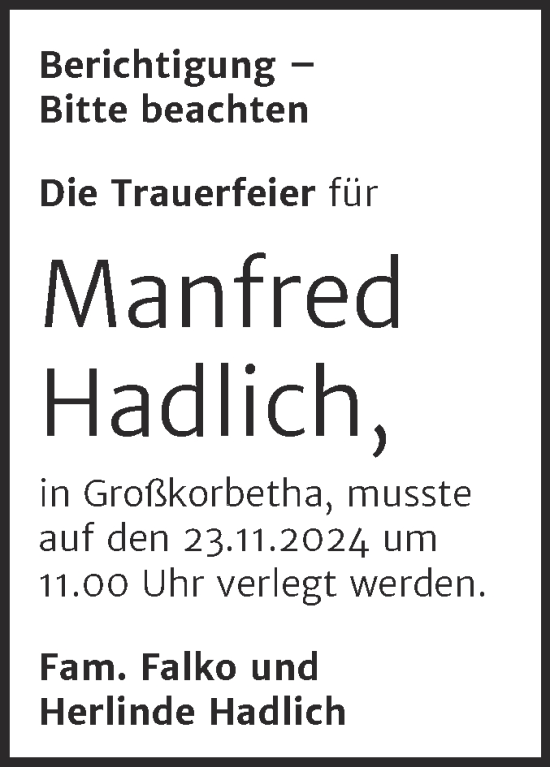 Traueranzeige von Manfred Hadlich von Super Sonntag Weißenfels